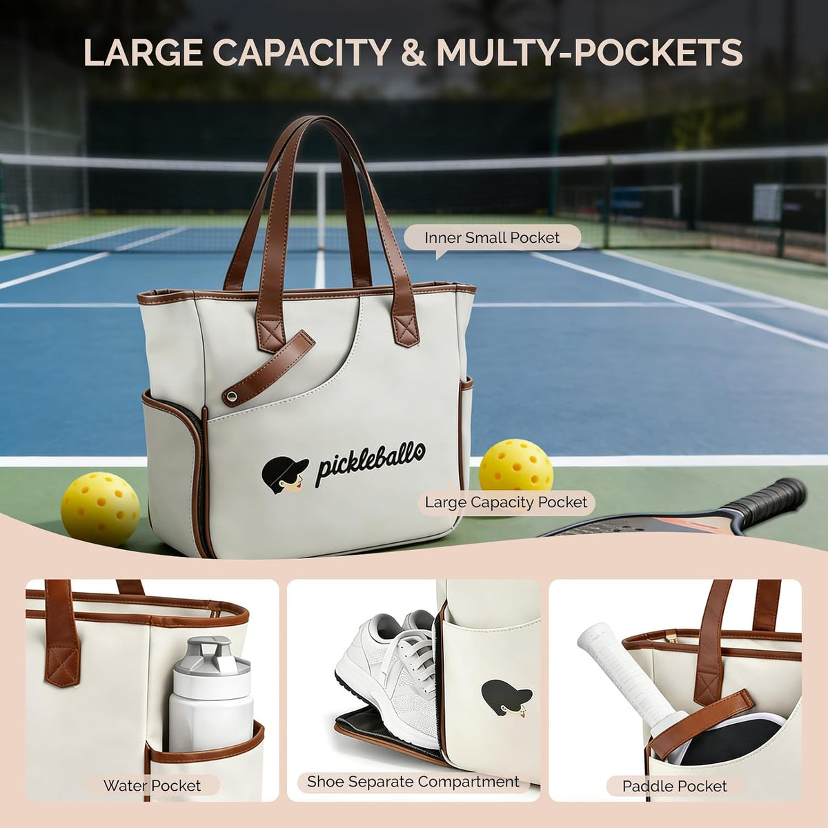 Pickleball Bags for Women, with Shoe Compartment, PU Leather