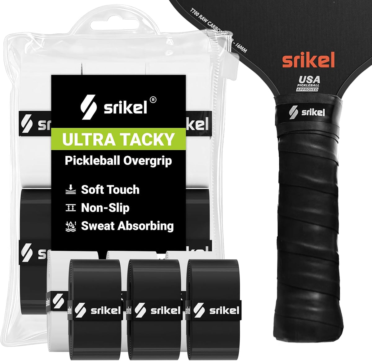 Srikel Tacky Pickleball Overgrips — Black & White 6-Pack