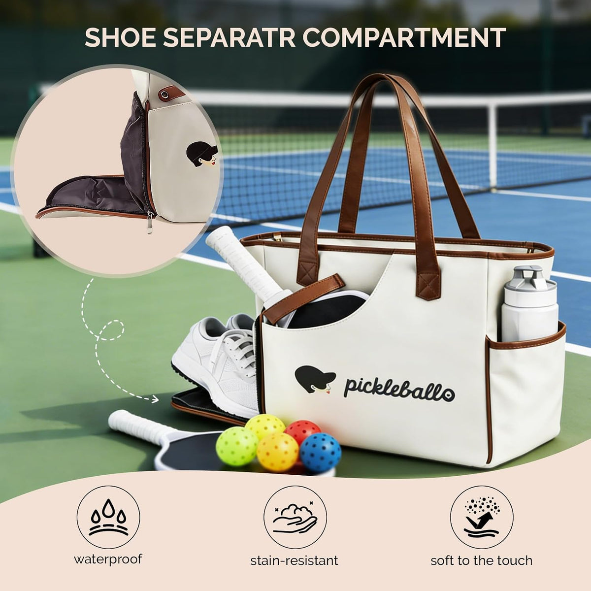 Pickleball Bags for Women, with Shoe Compartment, PU Leather